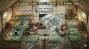 A photorealistic guide illustration inside a canvas tent, visualizing the 3D terrain-mapped surface comfort and motion isolation capabilities of a double-wide sleeping pad. Includes localized force testing on realistic body forms, and a detailed internal baffle cutaway with bilingual Canadian EN/FR text call-outs for complete comfort mapping.