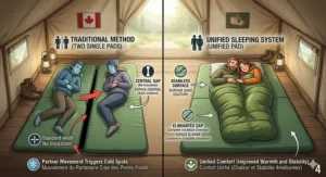 A detailed illustrated cross-section inside a canvas tent, showcasing the multi-layer synthetic insulation, air-cell technology, and reflective film of a double-wide sleeping pad. Includes detailed labels and Canadian bilingual EN/FR text highlighting 3-season performance and efficient heat trapping.