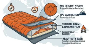 Detailed cross-section of ripstop nylon material used in a heavy-duty inflatable sleeping pad for camping on rugged Canadian Shield terrain.