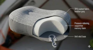Exploded view diagram showing multi-layer construction of a durable camping pillow for neck support with TPU fabric and supportive memory foam.
