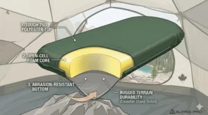 A cross-section illustration of a puncture-resistant self-inflating sleeping pad resting on a rocky Canadian Shield campsite.