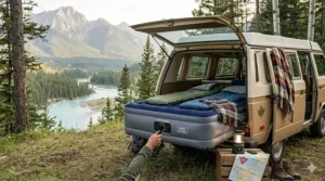 A camper pressing a hand onto the soft flocked top surface of a built-in pump air mattress for camping to show material comfort.