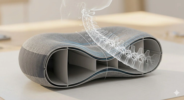 Close-up diagram of an ergonomic camping pillow for neck support showing the contoured cervical indentation and raised sides for sleeping alignment.
