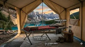 Dimensions of an extra-wide heavy-duty camping cot 500 lbs capacity for tall and large campers.