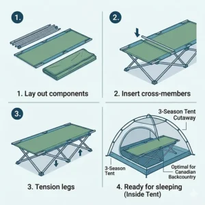 A multi-panel vector diagram showing the step-by-step assembly of a lightweight folding cot inside a 3-season tent, optimized for Canadian backcountry use.