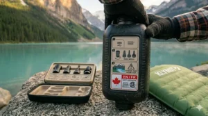 Clear flat-lay illustration of a rechargeable air pump for camping (gonfleur d'air rechargeable pour le camping) displaying bilingual English and French safety labels and product features.