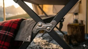 Illustration 4: Close-up macro view showing the heavy-duty camping cot's reinforced steel scissor joint and double-stitched corner fabric construction. The lantern and wood stump are visible in the blurred background.