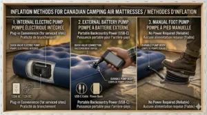 Graphic showing three ways to inflate a camping air mattress, including an internal pump and a portable battery-operated pump for backcountry use.