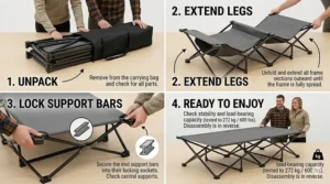 Illustration showing the easy step-by-step setup process of a double camping cot for two people.