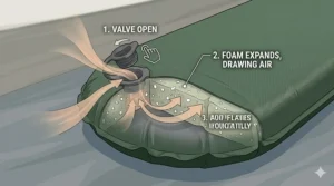 Diagram of a camping pad valve opening to allow air into the self-inflating foam core, simplifying campsite setup.