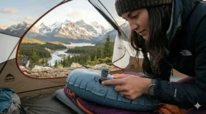 Close-up of the easy-to-use valve on an inflatable camping pillow.