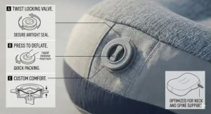 Inflatable travel pillow with an adjustable air valve lying flat, demonstrating easy inflation for customized backcountry neck and spine support.