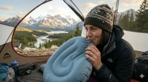 Person inflating a camping pillow quickly at a campsite.