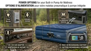 A bilingual infographic overview highlighting all construction features and technical specifications of a built-in pump air mattress for camping.