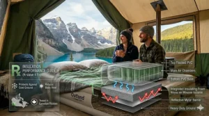 Exploded view graphic of an insulated double air mattress queen size camping mattress preventing heat loss from the cold Canadian ground.