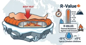 Diagram showing how an inflatable sleeping pad for camping provides thermal insulation (R-value) against cold Canadian ground temperatures.