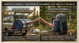 Comparison of a compact, lightweight camping air mattress packed for a Canadian backpacking trip versus a larger luxury mattress for car camping.