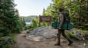 A compact, lightweight camping cot being carried on a backpacking trip through Algonquin Park.