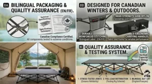 Illustration of bilingual Canadian packaging for a heavy-duty double camping cot for two people.