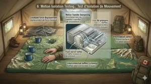 A 4K photorealistic guide illustration inside a canvas tent, visualizing the motion isolation capabilities of a double wide sleeping pad using a complex 3D surface mapping. Includes localized force testing and a detailed internal baffle cutaway with bilingual Canadian EN/FR text call-outs.