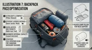 A rolled-up memory foam camp pillow stored tightly inside its carrying case, emphasizing space-saving packing for rugged multi-day Canadian trail expeditions.