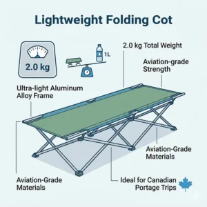 Technical illustration showing the 2.0 kg total weight of a lightweight folding cot for camping, highlighting its extreme portability for Canadian portage trips.