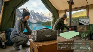 Comparison drawing of a fully deflated double air mattress queen size camping bed rolled up and packed tightly inside its matching travel storage bag.