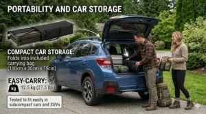 Illustration of a folded double camping cot for two people in its carrying bag being loaded into a car trunk.