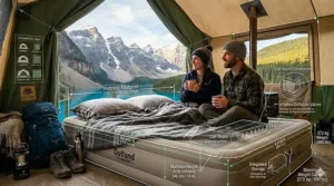 Technical dimension diagram of a double air mattress queen size camping bed showing width, length, and height measurements in centimeters and inches.