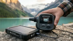 Infographic detailing the long battery life of a rechargeable air pump for camping, showing a USB-C charging port and an indicator light signaling full power.