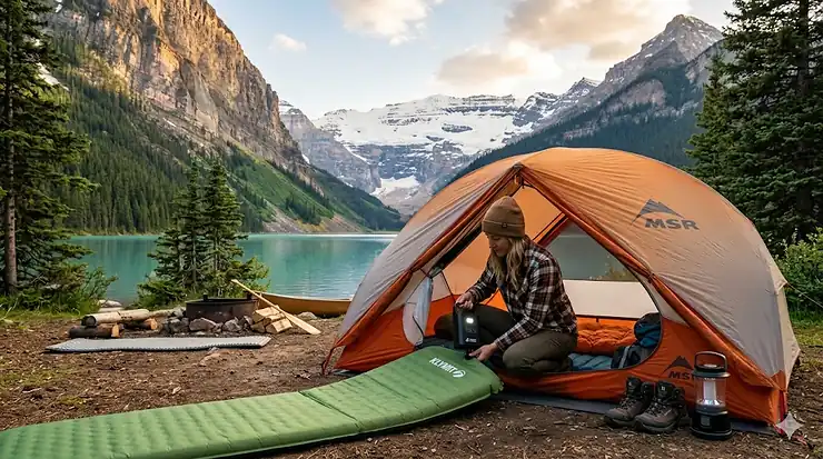 A portable rechargeable air pump inflating a double air mattress inside a canvas tent, with a scenic view of Canadian pine trees and a lake visible through the tent door.
