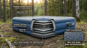 Graphic showing wall outlet, 12V car adapter, power station, and built-in rechargeable battery options for a built-in pump air mattress for camping.