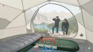 Illustration showing the internal open-cell foam structure of a self-inflating sleeping pad, highlighting high R-value insulation for cold Canadian nights.