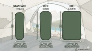 Illustration comparing standard and "Long & Wide" self-inflating sleeping pad dimensions for comfortable Canadian camping.