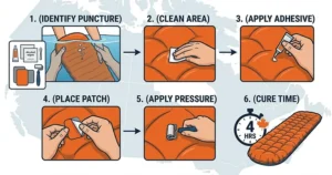 Informational graphic showing how to apply a permanent patch to an inflatable sleeping pad for camping while in the backcountry.