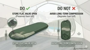 Illustration showing the correct way to store a self-inflating pad with the valve open to maintain foam loft during the Canadian off-season.