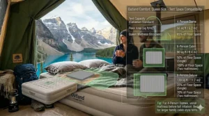 Floor plan illustration mapping how a double air mattress queen size camping bed fits inside standard four and six person family tents.