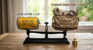 Infographic comparing an ultralight sleeping pad under 1 pound to standard Canadian hiking gear weights.