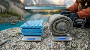 A scale showing the ultralight weight of a foam sleeping pad for backpacking compared to traditional gear.