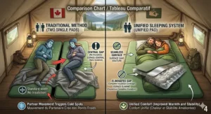 A high-detail, photorealistic illustrative guide inside a canvas tent comparing separated single pads with a unified double-wide sleeping system. Features detailed technical diagrams, Canadian bilingual EN/FR text call-outs, and realistic textures like a wool blanket and green synthetic fabric, showcasing improved comfort and insulation.