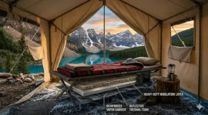 Diagram of a heavy-duty camping cot 500 lbs showing elevation from cold ground for 4-season Canadian camping.
