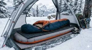 A high-visibility insulated sleeping pad resting on a snow-packed ground in a snowy Canadian boreal forest at dusk.