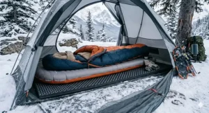 Illustration of a winter sleep system featuring a closed-cell foam pad underneath an inflatable insulated sleeping pad for maximum thermal protection.