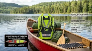 A 30L dry bag for canoe camping securely stowed in the hull of a canoe for a camping trip.