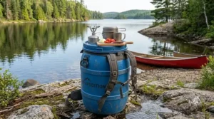 A 60L canoe barrel with a harness used as a stable camp kitchen table on a rocky shoreline by a lake.