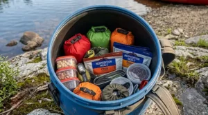 Top-down view into a 60L canoe barrel neatly organized with colorful dry bags and dehydrated food pouches for camping.