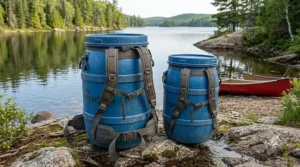 Side-by-side comparison of a 60L canoe barrel in a harness next to a smaller 30L canoe barrel.