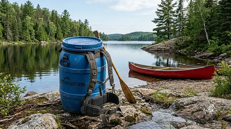 A blue 60L canoe barrel with a harness resting on a rocky Canadian shoreline beside a wilderness lake.