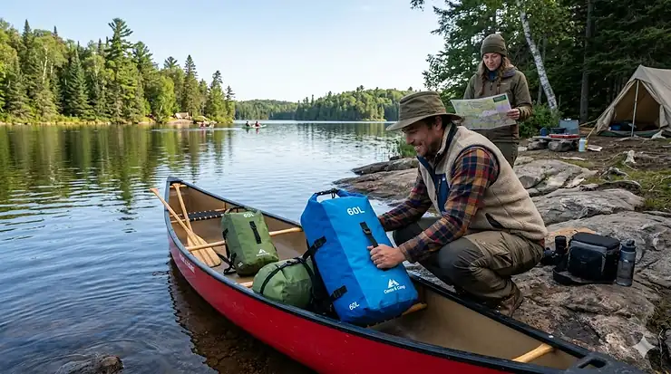 60L dry bag packed for a canoe camping trip on a Canadian lake.