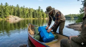 Loading a 60L dry bag into the center of a canoe for stability.
